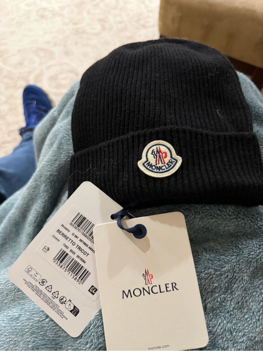 Moncler Black Ribbed Knit Cuff Beanie with Logo Patch